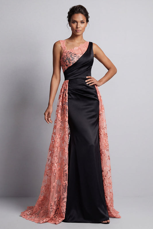 Robe de mère de la mariée longue froncée Pastèque et Sirène noire avec cape