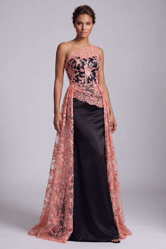 Robe longue de mère de la mariée sirène en dentelle asymétrique noire et melon d'eau avec cape