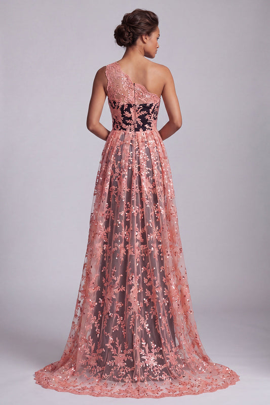 Robe longue de mère de la mariée sirène en dentelle asymétrique noire et melon d'eau avec cape