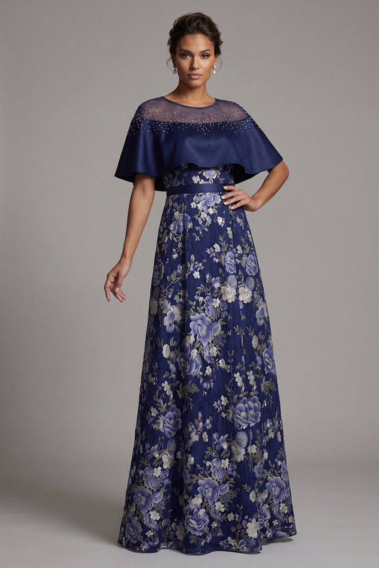 Navy Floral Beaded A-Line Long Mother of the Bride Dress with Cape
