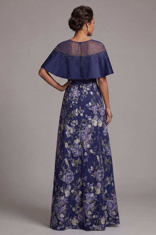 Navy Floral Beaded A-Line Long Mother of the Bride Dress with Cape