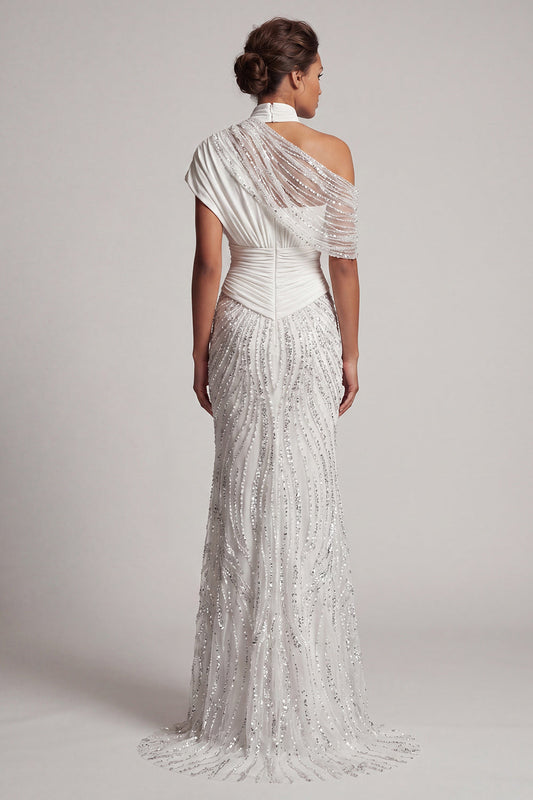 Robe longue de mère de la mariée sirène, blanche ornée de perles scintillantes
