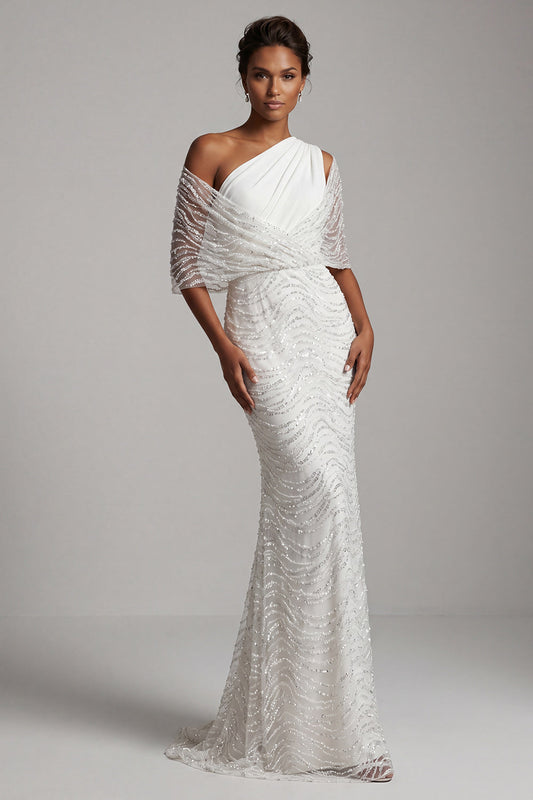 Robe longue de mère de la mariée sirène asymétrique ornée de perles blanches scintillantes