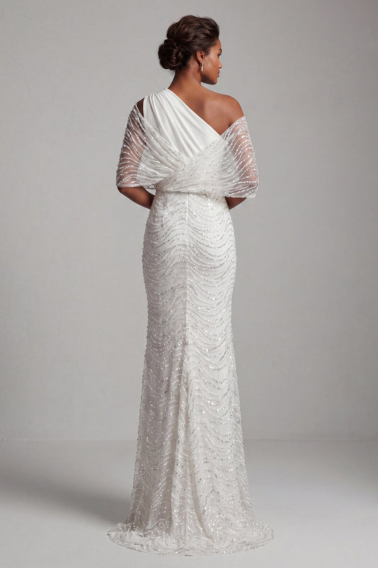 Robe longue de mère de la mariée sirène asymétrique ornée de perles blanches scintillantes