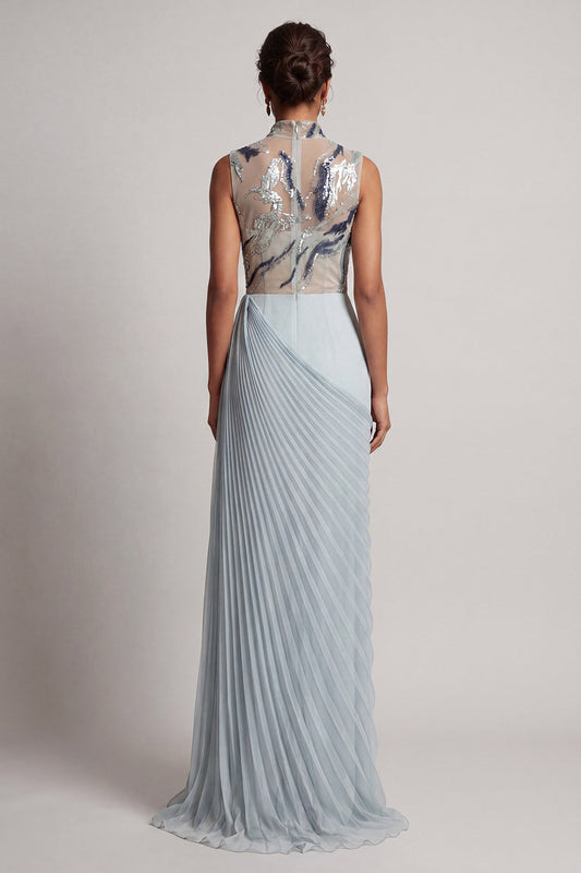 Dusty Blue Chiffon Pleated High Neck Long Mother Of the Bride Dress