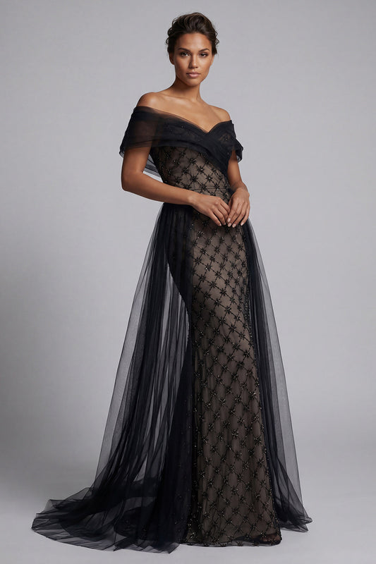 Black Plaid Beaded Mermaid Long Mother of the Bride Dress with Cape