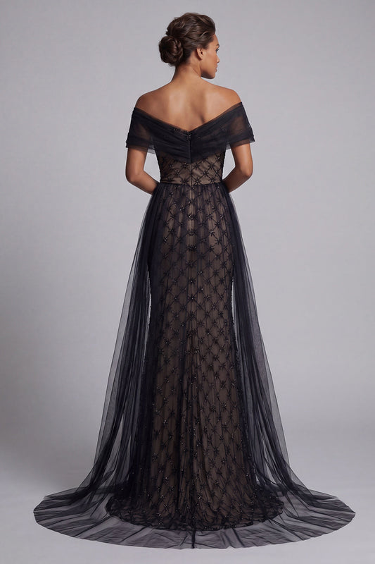 Black Plaid Beaded Mermaid Long Mother of the Bride Dress with Cape