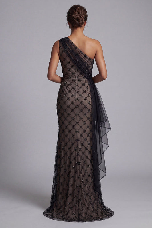 Black Plaid One Shoulder Mermaid Long Mother Of the Bride Dress with Ruffles