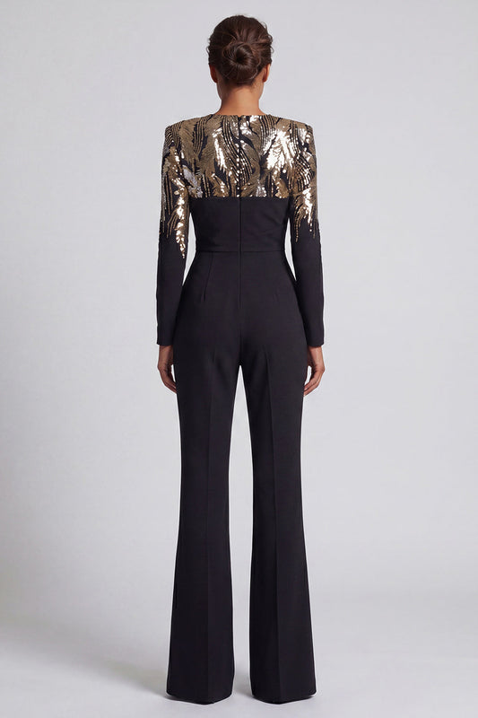 Sparkly Black Sequins Long Sleeves Round Neck Ruched Mother of the Bride Jumpsuits