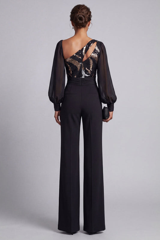 Sparkly Black Ruched Sequin Long Sleeves Mother Of the Bride Jumpsuit