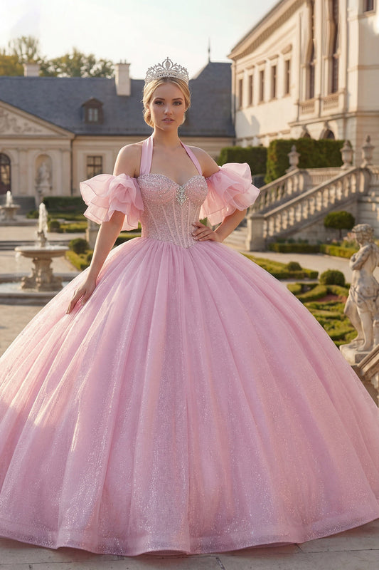Robe de bal rose à licou, corset perlé, robe de quinceañera avec manches bouffantes