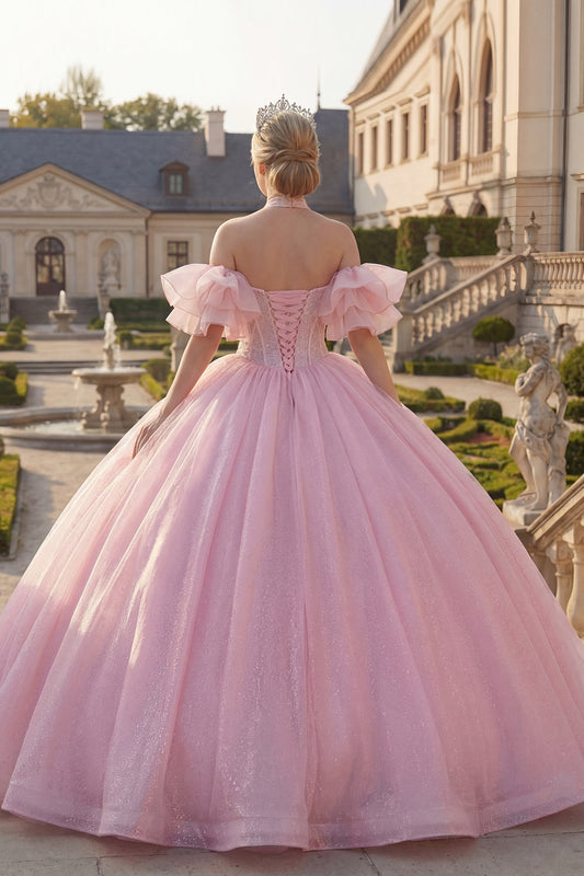 Robe de bal rose à licou, corset perlé, robe de quinceañera avec manches bouffantes