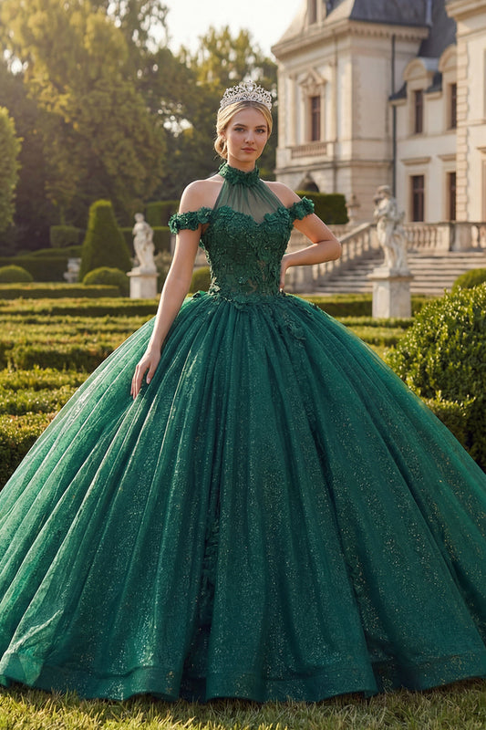 Dark Green Halter Neck Ball Gown Appliqued Glitter Quinceanera Dress