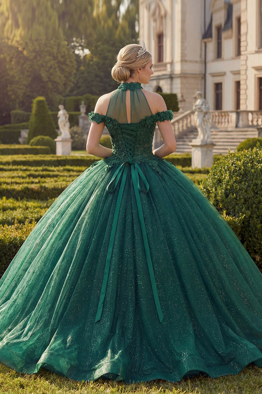 Dark Green Halter Neck Ball Gown Appliqued Glitter Quinceanera Dress