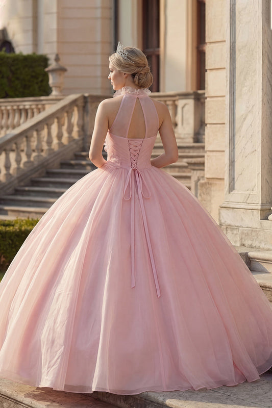 Robe de bal de Quinceañera Blush avec applications et col halter