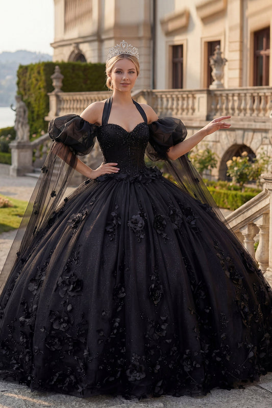 Ball Gown Halter Neck Appliqued Black Beaded Quinceanera Dress with Puff Sleeves