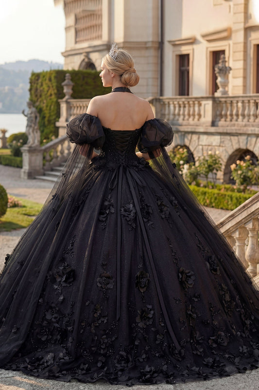 Ball Gown Halter Neck Appliqued Black Beaded Quinceanera Dress with Puff Sleeves