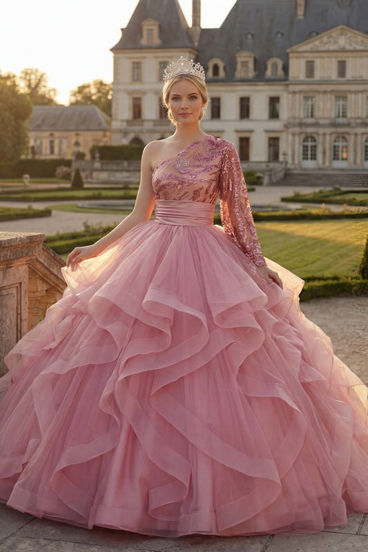 Robe de bal rose à paillettes, asymétrique, avec manches longues et volants, pour Quinceañera