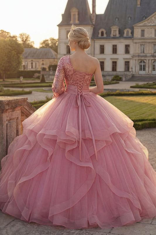 Robe de bal rose à paillettes, asymétrique, avec manches longues et volants, pour Quinceañera
