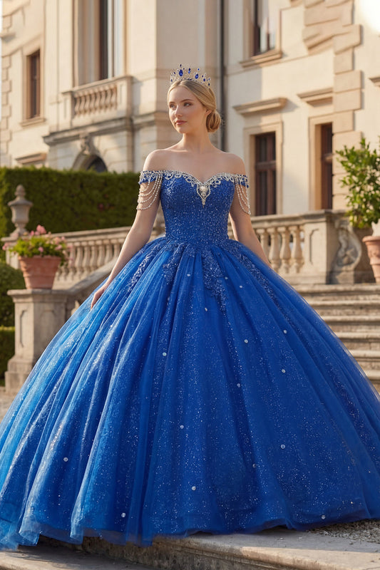 Vestido de fiesta de quinceañera con cuentas y purpurina, azul rey, con hombros descubiertos