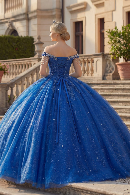 Vestido de fiesta de quinceañera con cuentas y purpurina, azul rey, con hombros descubiertos