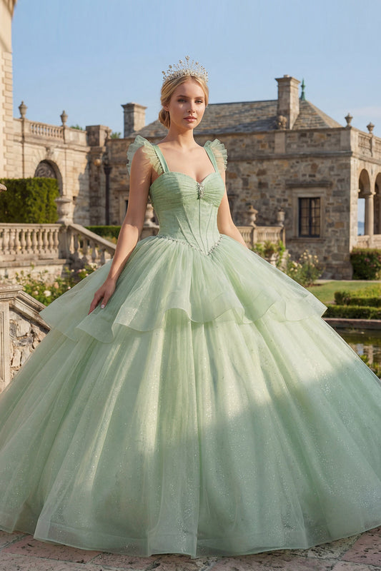 Ball Gown Mint Green Corset Tiered Princess Quinceanera Dress