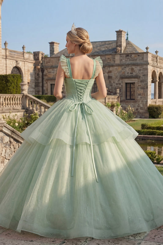 Ball Gown Mint Green Corset Tiered Princess Quinceanera Dress