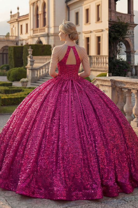 Sparkly Fuchsia Halter Neck Ball Gown Sequins Quinceanera Dress