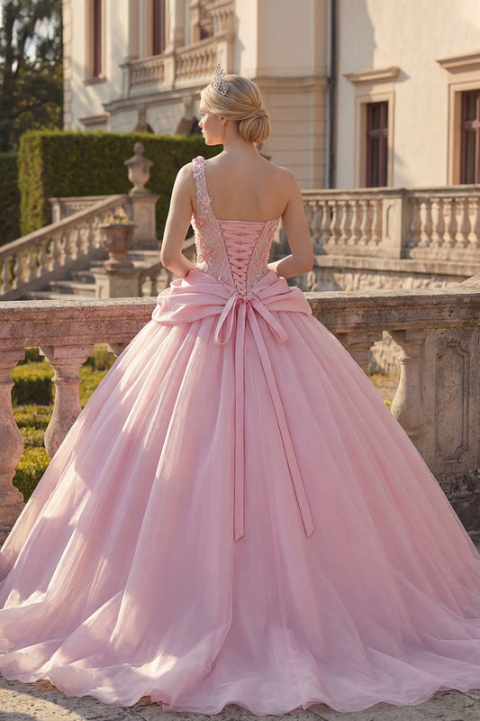 Pink Ball Gown One Shoulder Appliqued Ruched Quinceanera Dress