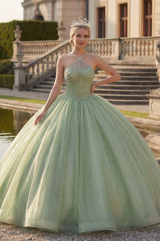 Ball Gown Mint Green Halter Neck Corset Glitter Quinceanera Dress