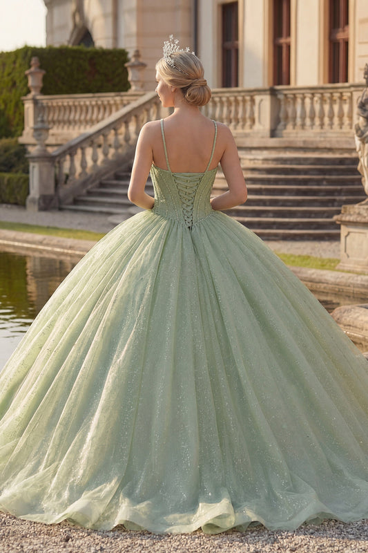 Ball Gown Mint Green Halter Neck Corset Glitter Quinceanera Dress