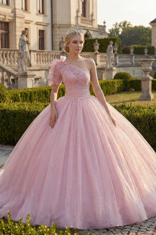 Robe de bal rose asymétrique plissée à paillettes avec applications pour quinceañera
