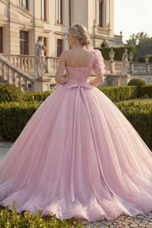 Robe de bal rose asymétrique plissée à paillettes avec applications pour quinceañera