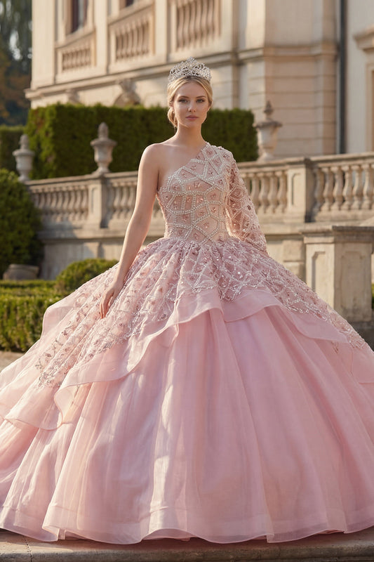 Robe De Soirée Rose Asymétrique Perles Volants Robe De Quinceanera