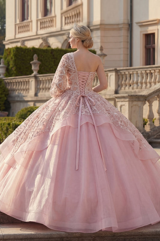 Robe De Soirée Rose Asymétrique Perles Volants Robe De Quinceanera