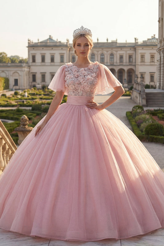 Robe de bal de quinceañera rose à col rond, appliqués et manches volantées