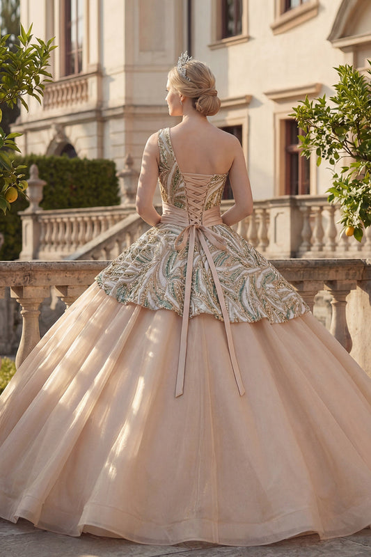 Sparkly Champagne Ball Gown One Shoulder Sequins Quinceanera Dress