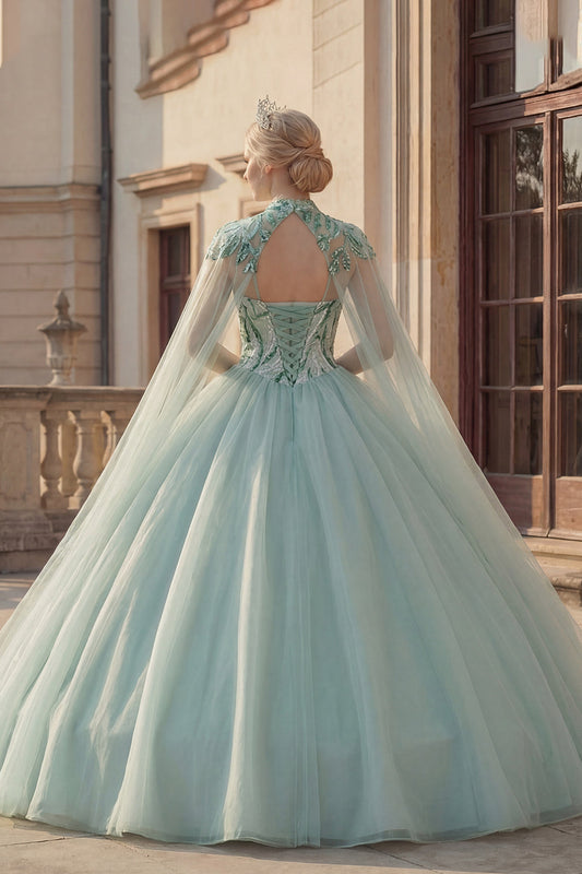 Sparkly Ball Gown Sweetheart Sequins Mint Green Quinceanera Dress with Cape