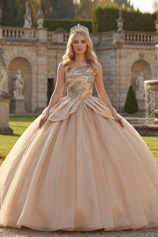Sparkly One-Shoulder Sequin Ball Gown Champagne Quinceañera Dress