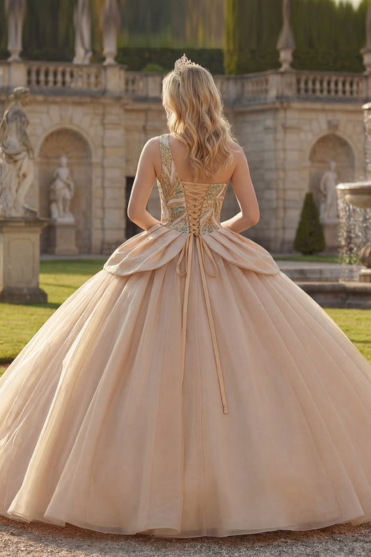 Sparkly One-Shoulder Sequin Ball Gown Champagne Quinceañera Dress