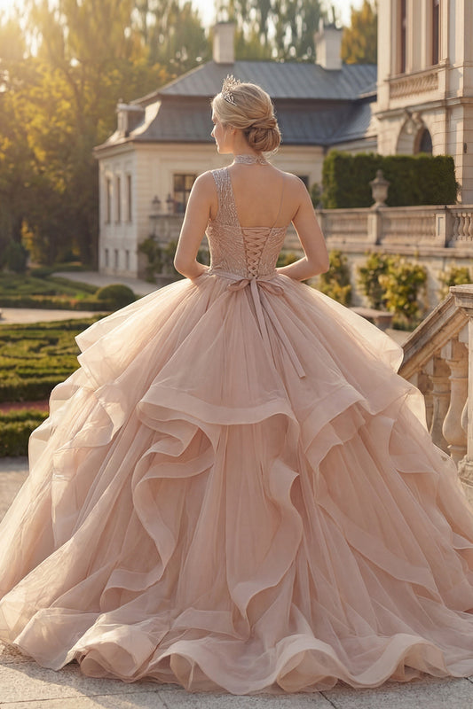 One-Shoulder Champagne Ball Gown Beaded Quinceanera Dress with Ruffles