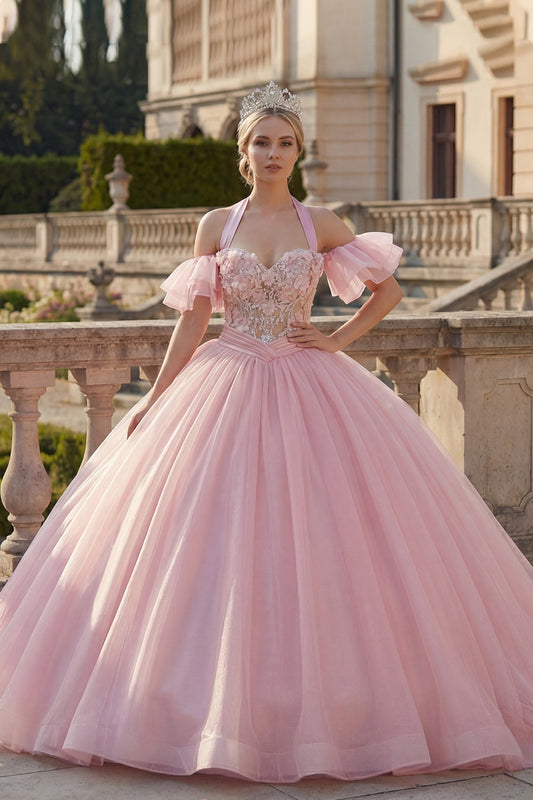 Robe de bal rose avec licol encolure brodé robe de quinceañera avec manches flottantes
