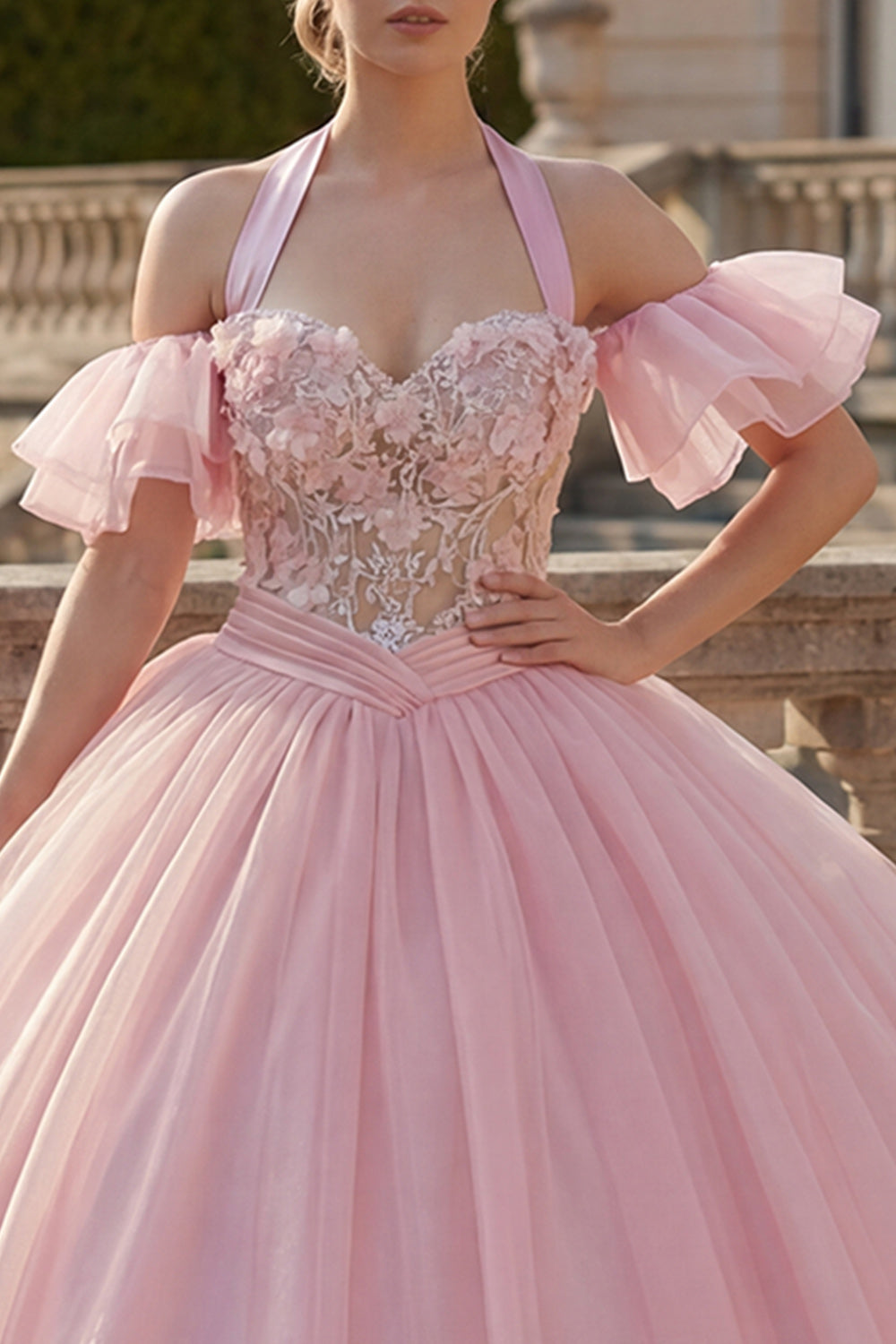Pink Ball Gown Halter Neck Appliqued Quinceanera Dress with Flutter Sleeves