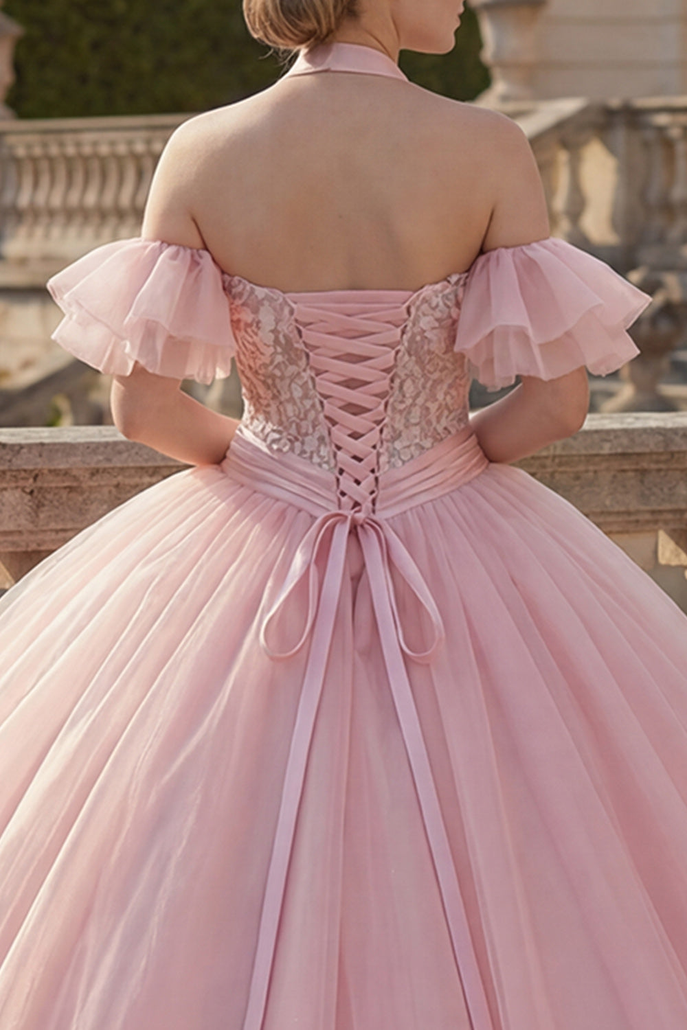 Pink Ball Gown Halter Neck Appliqued Quinceanera Dress with Flutter Sleeves