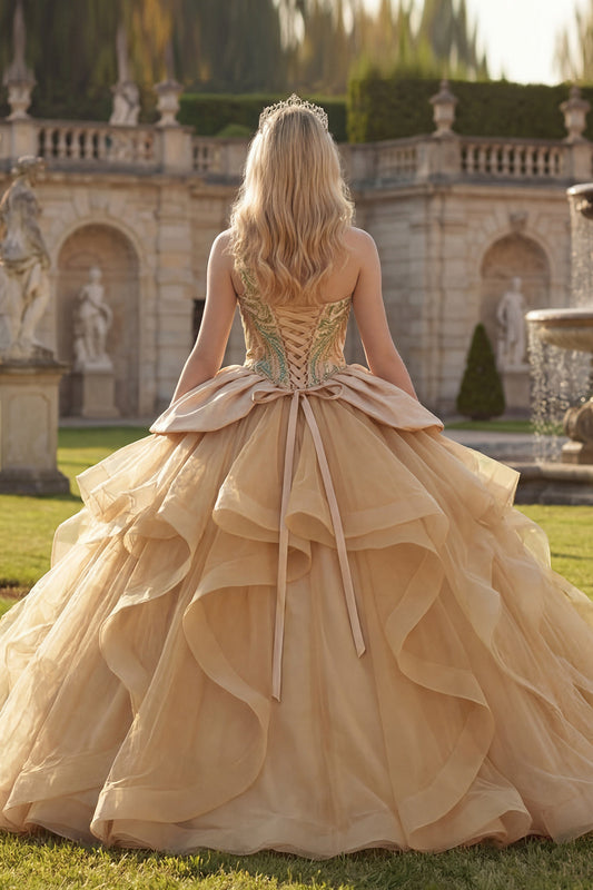 Sparkly One-Shoulder Ball Gown Sequined Champagne Quinceañera Dress with Ruffles