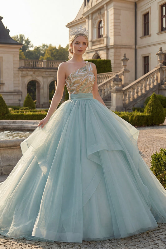 Sparkly Ball Gown Dusty Blue One Shoulder Sequins Ruffled Quinceanera Dress