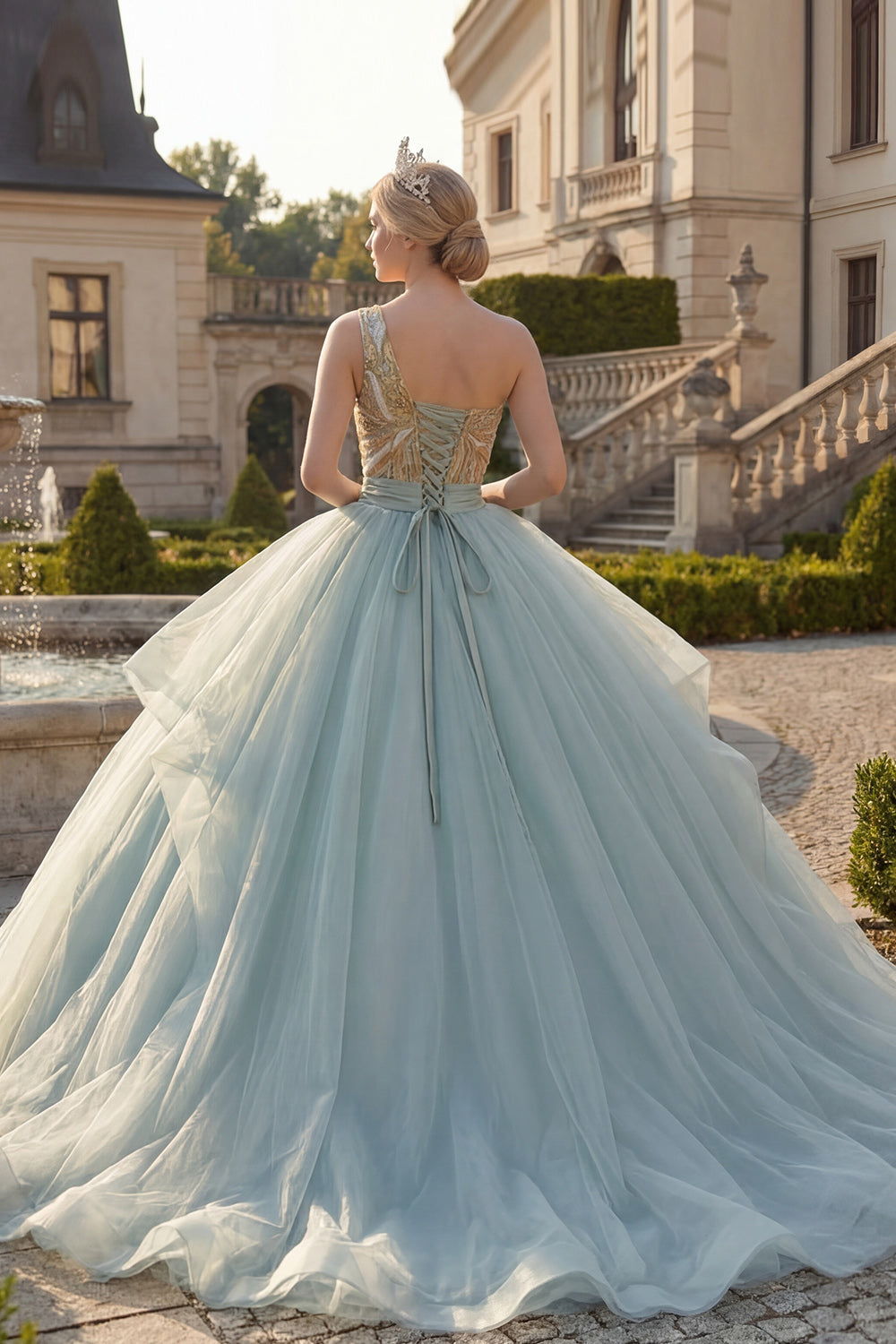 Sparkly Ball Gown Dusty Blue One Shoulder Sequins Ruffled Quinceanera Dress