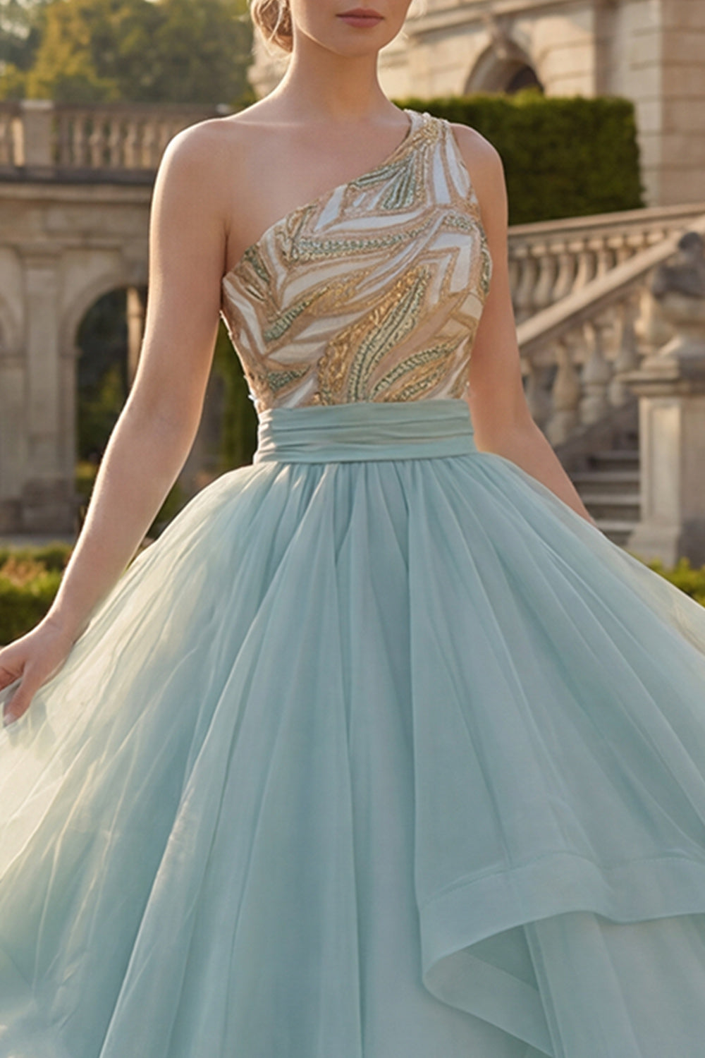 Sparkly Ball Gown Dusty Blue One Shoulder Sequins Ruffled Quinceanera Dress