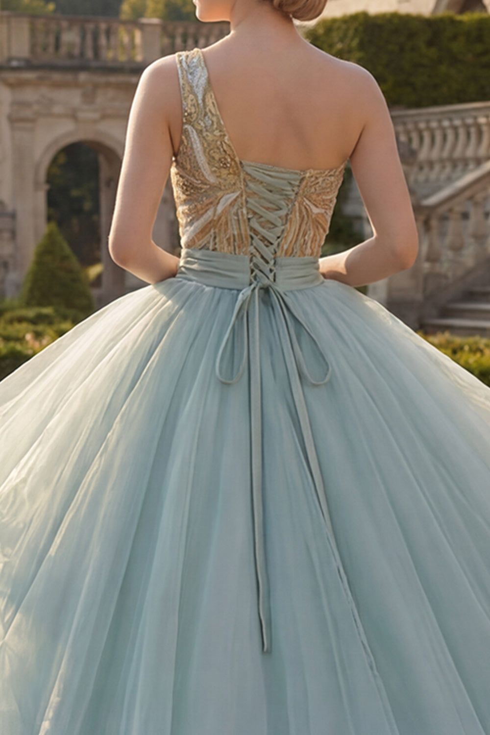 Sparkly Ball Gown Dusty Blue One Shoulder Sequins Ruffled Quinceanera Dress