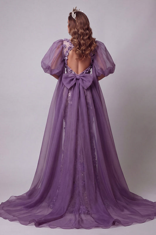 Purple Puff Sleeve Mermaid Pageant Dress with 3D Flowers
